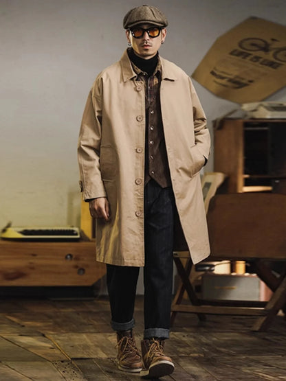 Retro American Sle Men's Long Coat Cotton Casual Faion Urban Youth Pure Color Button up Loose Fit Autumn Winter Coat