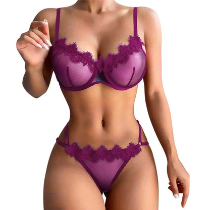 Conjunto de lencería sexy Tornova, color sólido, encaje transparente, conjunto de dos piezas, encaje de malla con parches, ropa interior femenina atractiva.