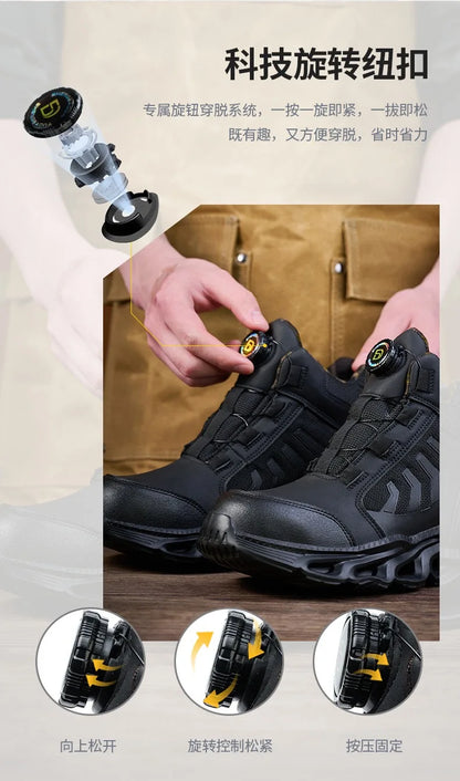Zapatos de seguridad para hombre, de caña alta, universales para las cuatro estaciones, con hebilla giratoria antideslizante, puntera de acero, antiaplastamiento y antiperforación.