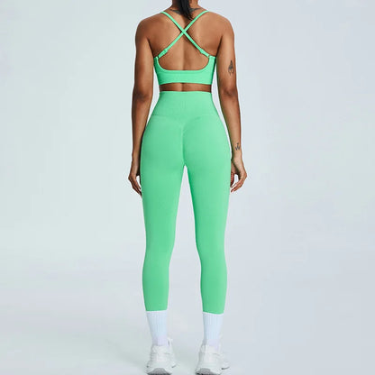Conjunto de yoga de dos piezas para mujer, sujetador deportivo con espalda cruzada de color liso, top color miel melocotón, leggings de secado rápido para realce de cadera, traje deportivo de fitness