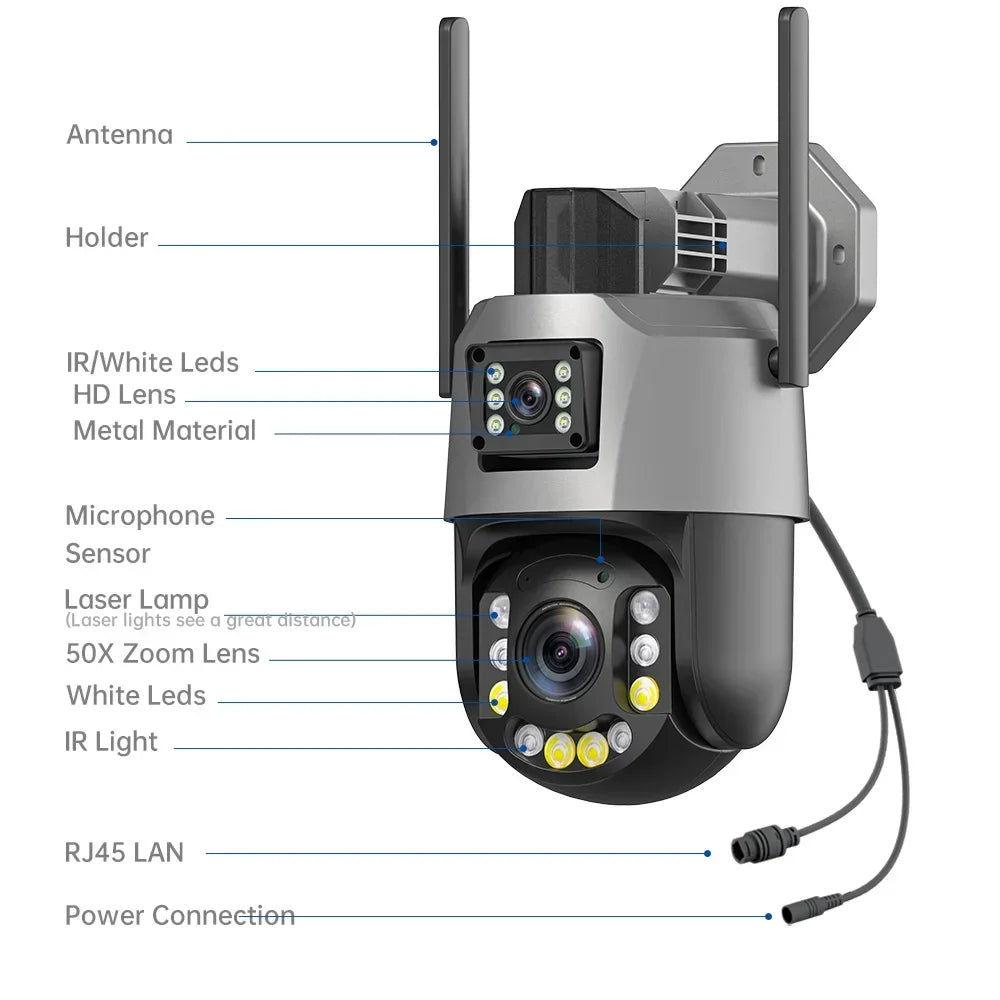 Cámara PTZ de 8 MP con zoom 50x, Wi-Fi, doble lente, 4K, zoom 20x, cámara de vigilancia exterior, visión infrarroja de largo alcance (120 m), compatible con ONVIF.