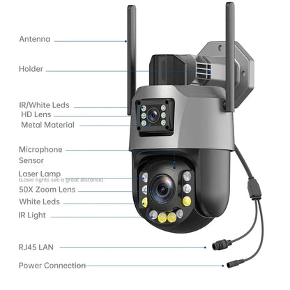 Cámara PTZ de 8 MP con zoom 50x, Wi-Fi, doble lente, 4K, zoom 20x, cámara de vigilancia exterior, visión infrarroja de largo alcance (120 m), compatible con ONVIF.
