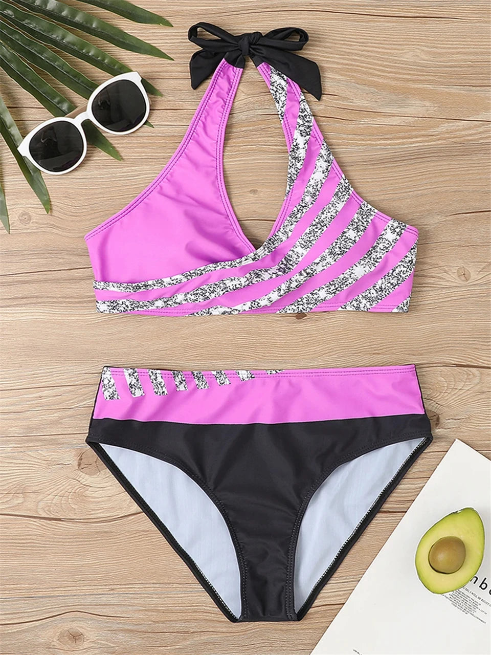 Conjunto de bikini con cuello en V 2024 para mujer, traje de baño de verano con estampado de rayas y patchwork, ropa de playa, traje de baño para mujer, talla 2XL