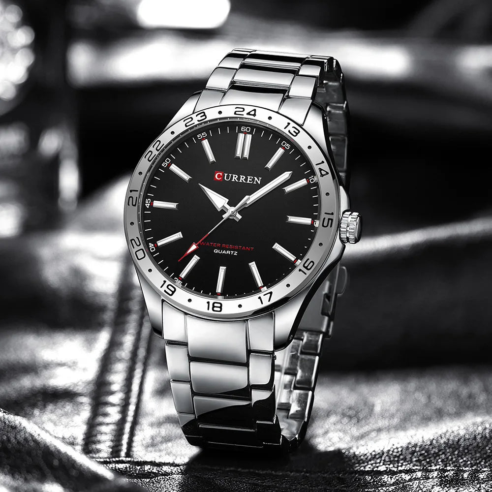 CURREN 8452 Reloj de cuarzo para hombre, sencillo, moderno, para ocio y negocios, con correa de acero inoxidable negra y plateada.