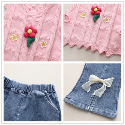 Conjuntos de ropa para niñas, camiseta, chaleco floral, pantalones vaqueros con lazo, ropa de bebé para primavera y otoño, conjuntos para bebés, chándal para niños