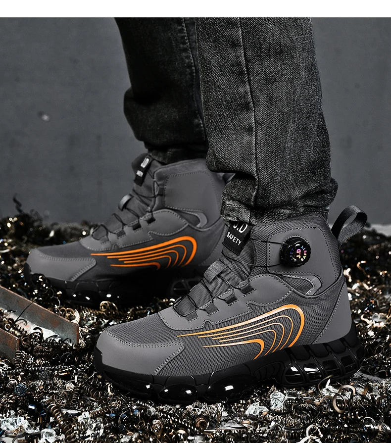 Zapatos de seguridad de caña alta para hombre con botón giratorio, resistentes a impactos y perforaciones, zapatillas de moda para hombre, calzado de seguridad profesional.