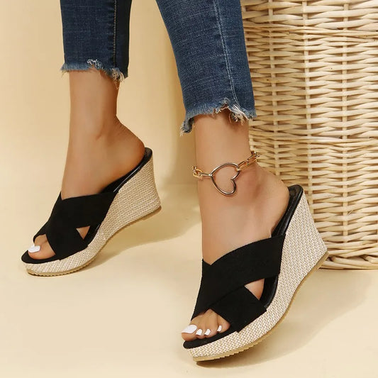 Sandalias de tacón alto de lujo para mujer, sandalias de cuña con alpargatas, zapatos de plataforma con punta abierta, sandalias deslizantes para exteriores