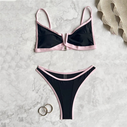 Conjuntos de bikini negros sexys con borde rosa, traje de baño con cuello en V para mujer 2025, microtanga de corte alto, bikinis de mujer