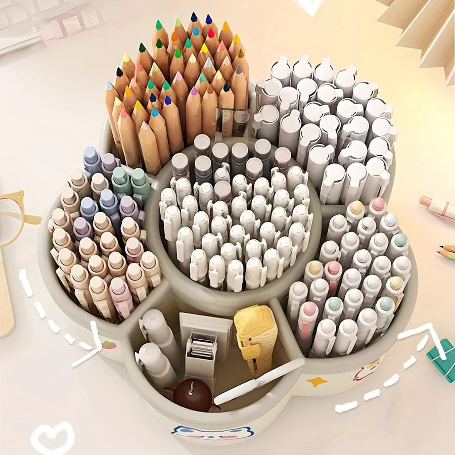 Organizador de escritorio giratorio con múltiples compartimentos, material PP duradero, ideal para organizar escritorios en dormitorios y oficinas.