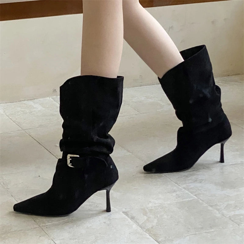 Eilyken Street Style Sexy Thin Heels Women Ankle Boots Punk Pleated Buckle Strap Booties Stripper Party Shoes Zapatos De Mujer