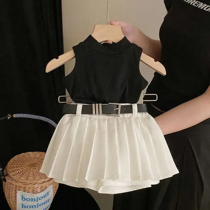Ropa para niños, verano 2025, nueva moda para niñas, camiseta sin mangas, dulce y fresca, conjunto de falda de moda, ropa sencilla para niñas.