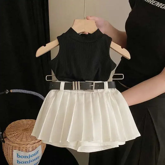 Ropa para niños, verano 2025, nueva moda para niñas, camiseta sin mangas, dulce y fresca, conjunto de falda de moda, ropa sencilla para niñas.