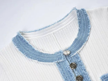 Elegante vestido largo de punto para mujer, con contraste, cuello redondo, manga corta, botones metálicos, corte ajustado, ideal para oficina y viajes.