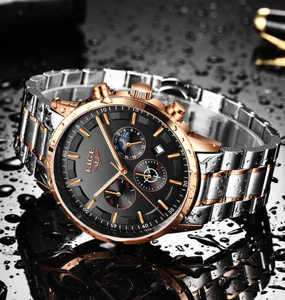 LIGE - Reloj de negocios para hombre, de cuarzo, de lujo, resistente al agua, 3 barras, cronógrafo luminoso, regalo + caja