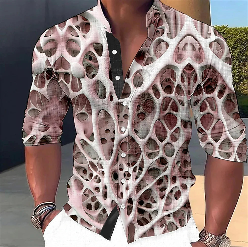 Camisa de manga larga para hombre con estampado abstracto 3D, cuello alto y botones. Diseños de moda urbana. Ropa de hombre.