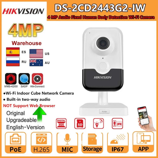 Cámara IP Hikvision DS-2CD2443G2-IW de 4 MP, inalámbrica para interiores, con detección de movimiento humano por infrarrojos, WiFi, PoE, audio bidireccional y ranura para tarjeta SD.