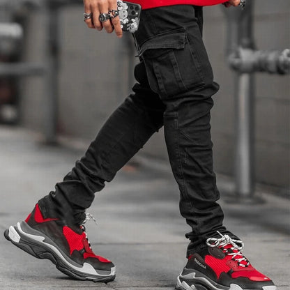 Pantalones vaqueros elásticos de calle para hombre, pantalones cargo de mezclilla lavados, de color sólido, con múltiples bolsillos, pantalones casuales de cintura media, ajustados, para uso diario, para correr