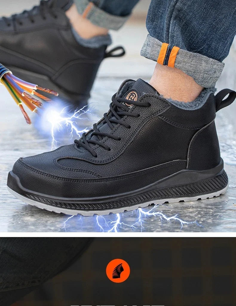 Calzado de seguridad de felpa para trabajos de invierno, resistente a impactos y perforaciones, fabricado en piel sintética de microfibra y algodón.