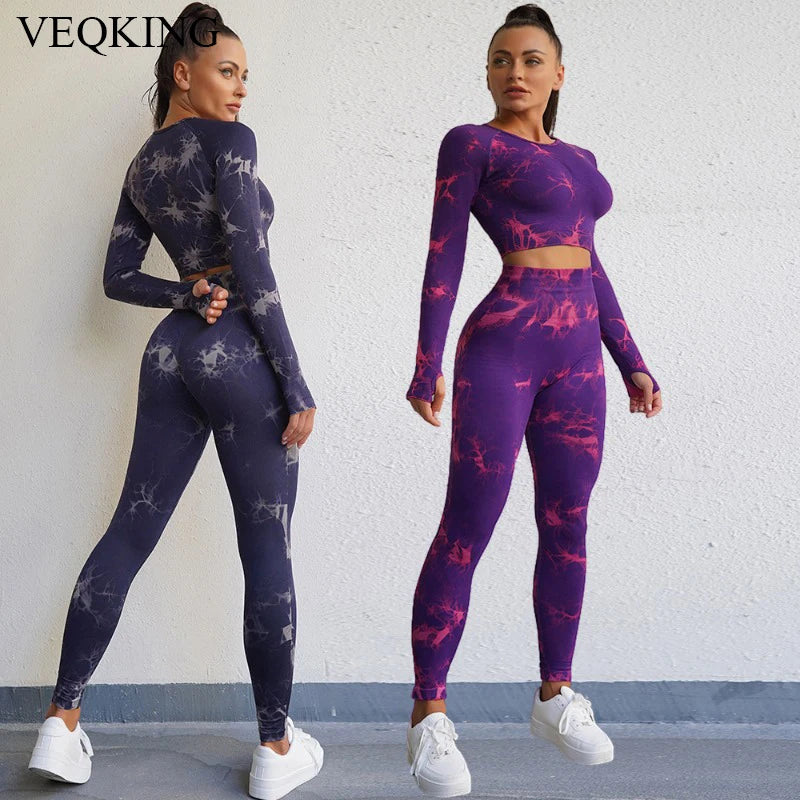 VEQKING - Ropa de yoga teñida para mujer, top corto de manga larga, pantalones de yoga de cintura alta, conjuntos deportivos, ropa de gimnasio de secado rápido