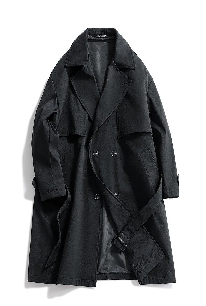 Gabardina larga de hombre, verde militar, corte ajustado, cruzada, con solapa de muesca, cortavientos, ideal para primavera y otoño, estilo casual para actividades al aire libre.