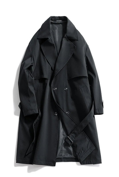 Gabardina larga de hombre, verde militar, corte ajustado, cruzada, con solapa de muesca, cortavientos, ideal para primavera y otoño, estilo casual para actividades al aire libre.