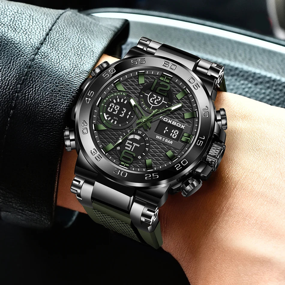 FOXBOX - Nuevo reloj deportivo para exteriores para hombre, reloj analógico digital de moda para negocios, reloj de pulsera de cuarzo con alarma resistente al agua y de silicona.