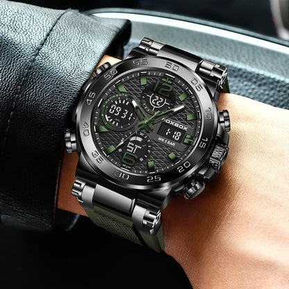 FOXBOX - Nuevo reloj deportivo para exteriores para hombre, reloj analógico digital de moda para negocios, reloj de pulsera de cuarzo con alarma resistente al agua y de silicona.
