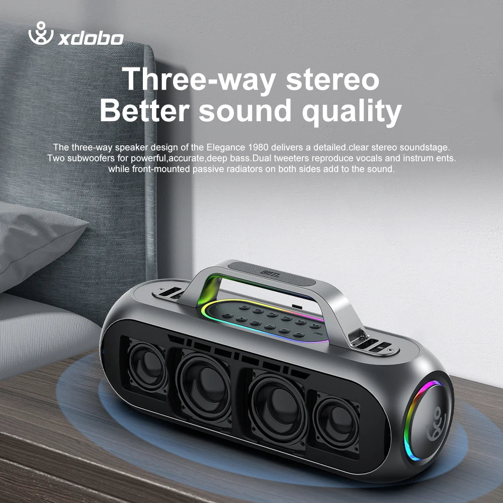 Barra de sonido XDOBO de 150 W, subwoofer TWS, altavoz estéreo inalámbrico de karaoke para TV al aire libre con 2 micrófonos y bolsa de viaje para guardarlo.