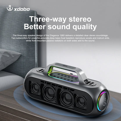Barra de sonido XDOBO de 150 W, subwoofer TWS, altavoz estéreo inalámbrico de karaoke para TV al aire libre con 2 micrófonos y bolsa de viaje para guardarlo.