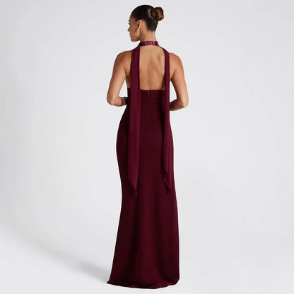 Summer 2025 Women's Sexy Deep V-Strap Hanging Neck High Cut Split Dress Solid Color Bareback Fashionable Split Dress