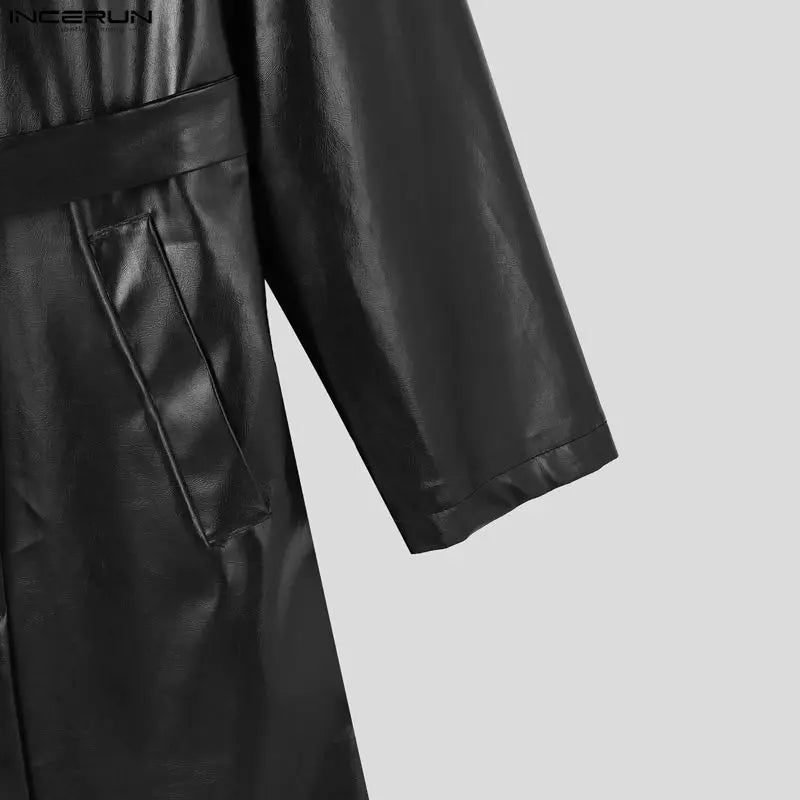 Abrigo INCERUN para hombre, de piel sintética lisa, con solapa, manga larga, estilo gabardina informal, estilo punk urbano, cortavientos.