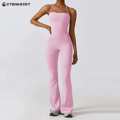 Ctenkevet - Mono de yoga sin mangas para mujer, mono acampanado para gimnasio, ropa deportiva sin espalda y con cuello colgante para mujer