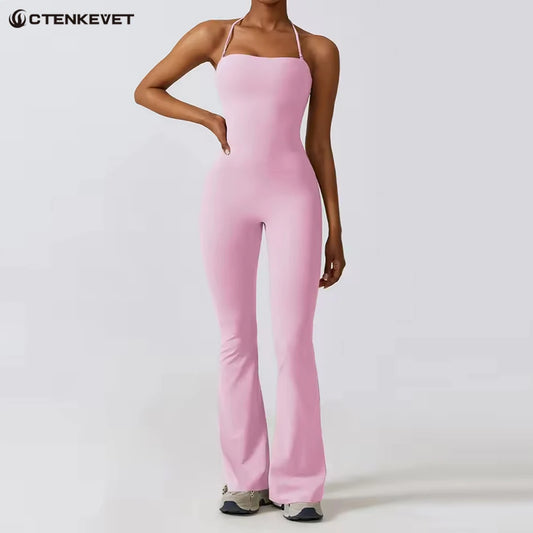 Ctenkevet - Mono de yoga sin mangas para mujer, mono acampanado para gimnasio, ropa deportiva sin espalda y con cuello colgante para mujer