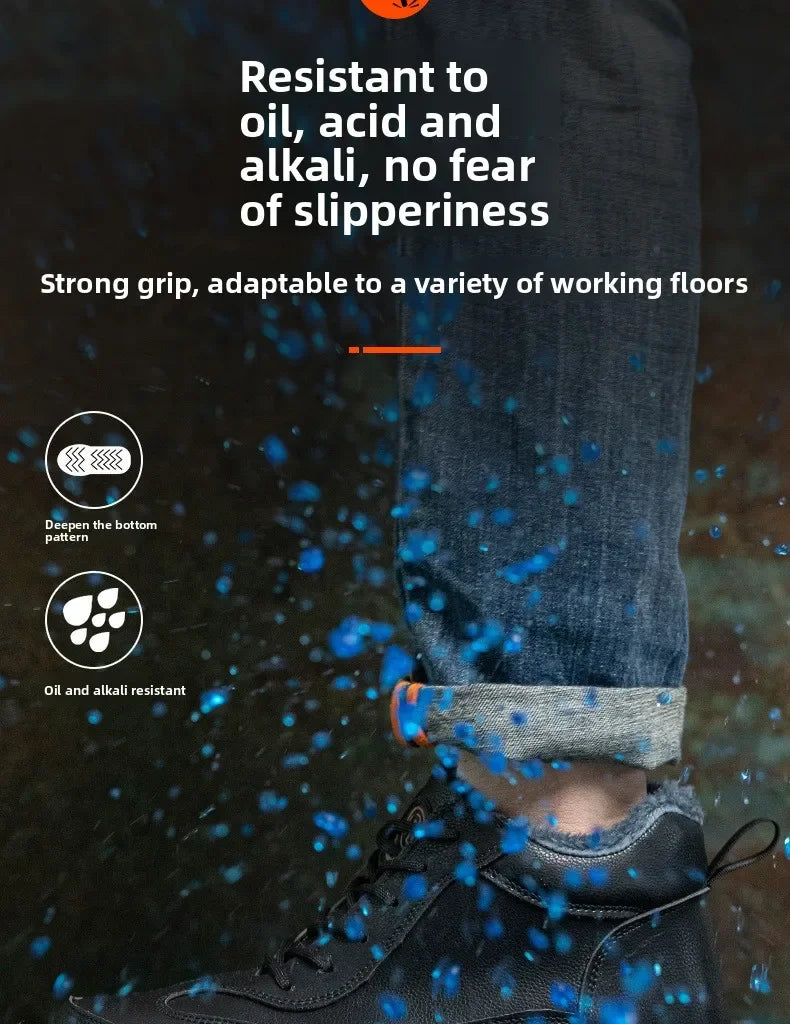 Calzado de seguridad de felpa para trabajos de invierno, resistente a impactos y perforaciones, fabricado en piel sintética de microfibra y algodón.