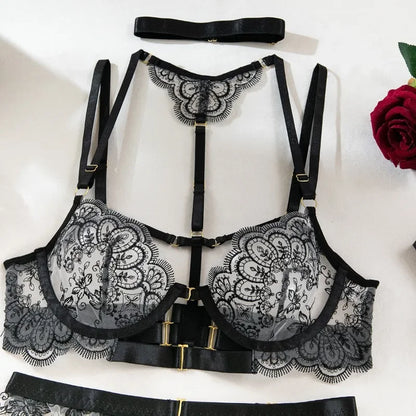 Tornova - Conjunto de ropa interior sexy con bordado de 5 piezas para mujer, de malla con retazos, transparente, con cuello halter y ligas, lencería sexy