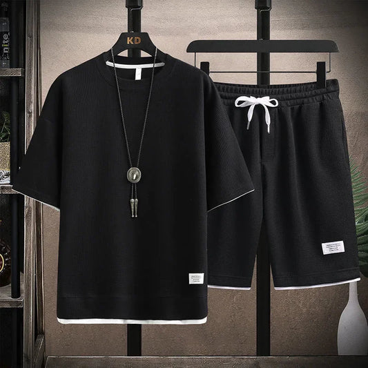 Conjunto deportivo informal de verano para hombre, pantalones cortos de manga corta con cordón, pantalones holgados de cinco cuartos, traje fino de dos piezas para hombre