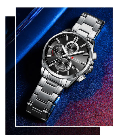 CURREN - Reloj cronógrafo de acero inoxidable para hombre con manecillas luminosas, tres subesferas, fecha automática, diseño moderno, de cuarzo