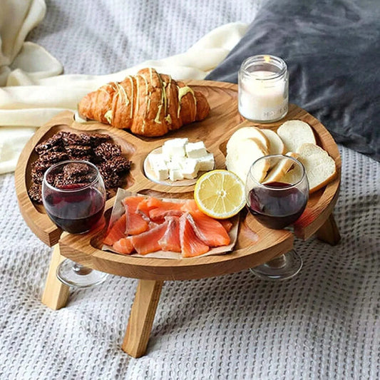 Mesa de picnic plegable de madera para exteriores con soporte para copas, 2 en 1, redonda, para escritorio y copas de vino, mesa plegable para fiestas en el jardín.