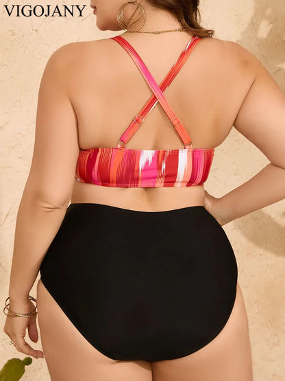 VigoJany 2025 Print Strapped 2 Piece Plus Size Bikini Set Women Cross Push UP Swimsuit High Waist Brazilian Lady Bathing Suit