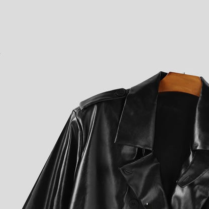 Abrigo INCERUN para hombre, de piel sintética lisa, con solapa, manga larga, estilo gabardina informal, estilo punk urbano, cortavientos.