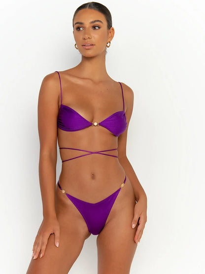 Traje de baño para mujer, bikini sexy de un solo color con lazos, tangas, trajes de baño de color liso, ropa de playa, bikini brasileño de verano 2024