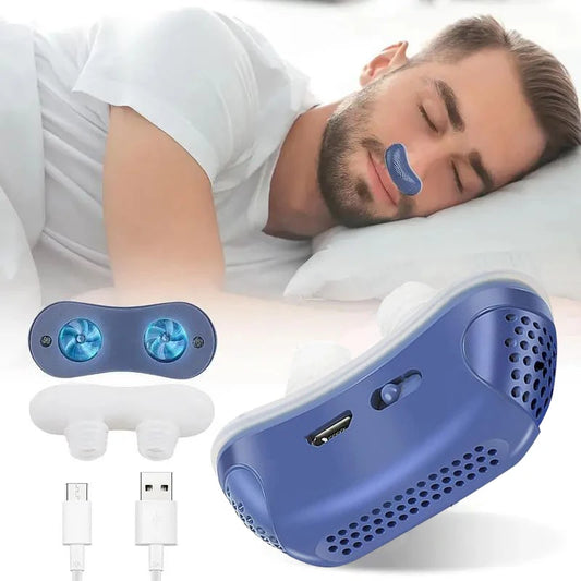 Dispositivo antirronquidos mejorado con velocidad de viento ajustable, solución eléctrica para ronquidos, tapón antirronquidos azul.