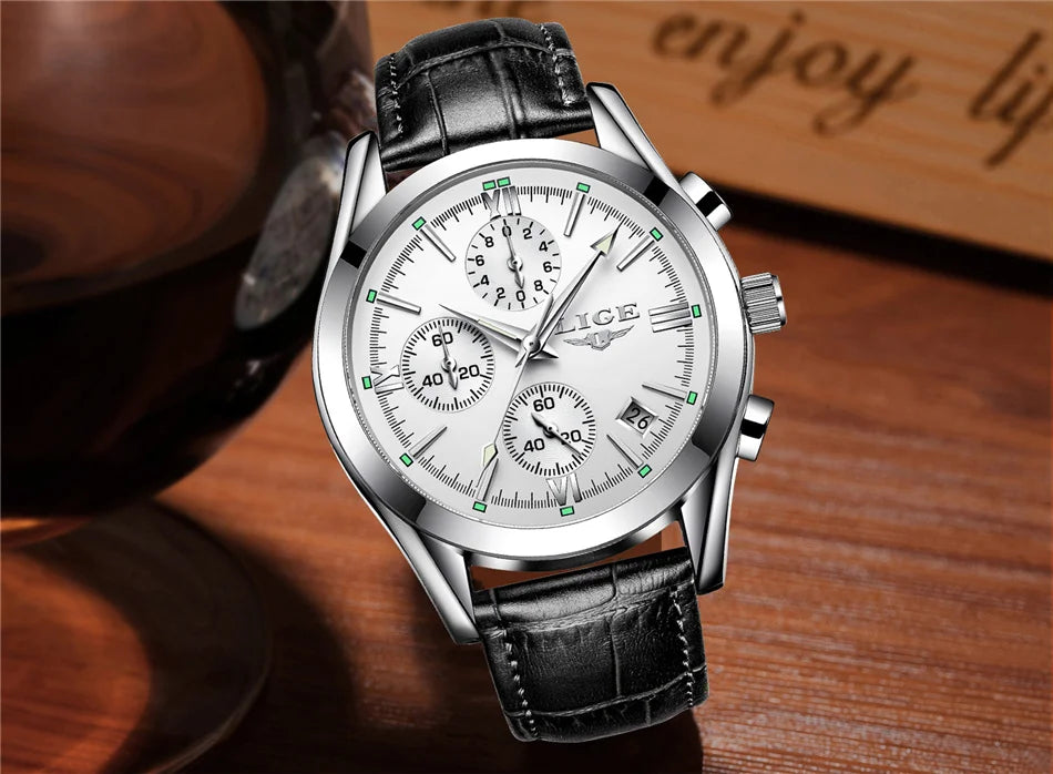 LIGE - Nuevos relojes de moda para hombre, marca superior de lujo, informal, militar, de cuero, de cuarzo, para negocios, resistente al agua, deportivo, cronógrafo