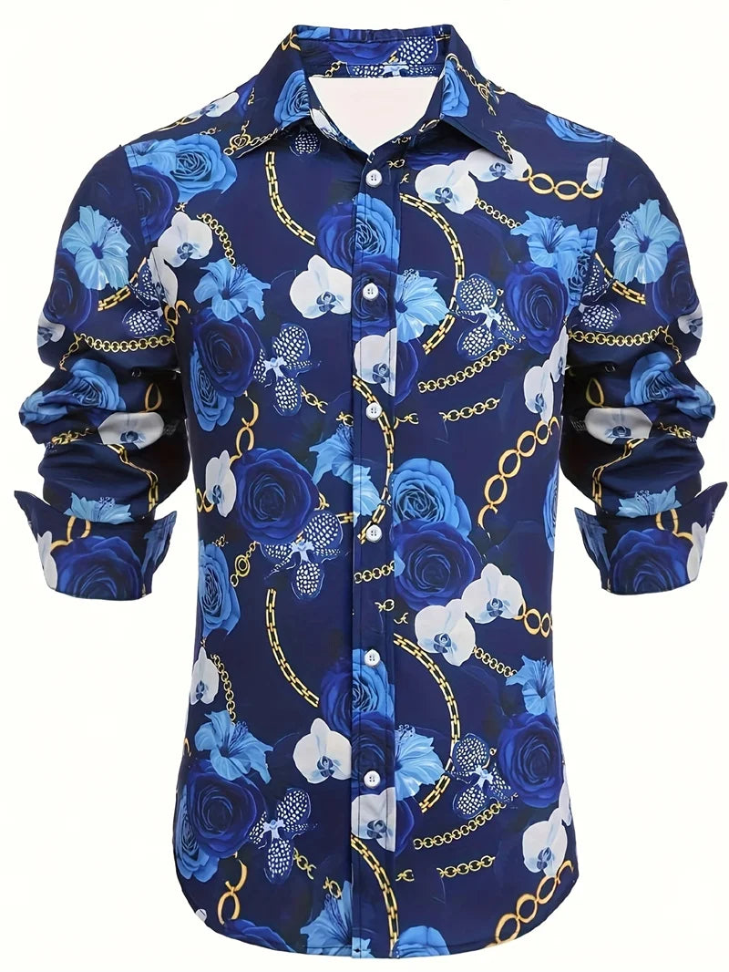 Camisa de hombre de moda, con lunares, solapa abotonada, estilo hawaiano veraniego, ideal para la ciudad o las vacaciones. Manga larga.