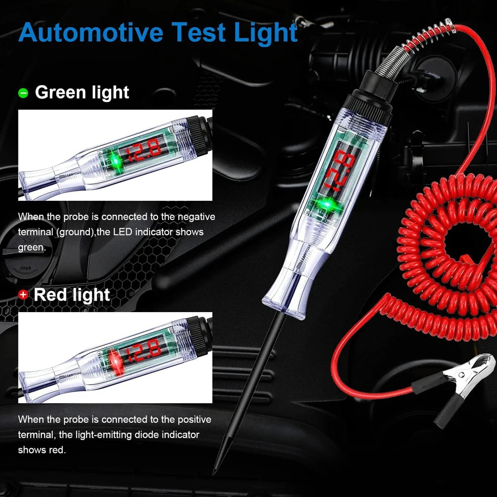 Probador de circuito automotriz con luz de prueba, 3-48 V CC, pantalla LCD digital, cable de resorte prolongador para sedán, SUV, RV, camión y cortadora de césped.