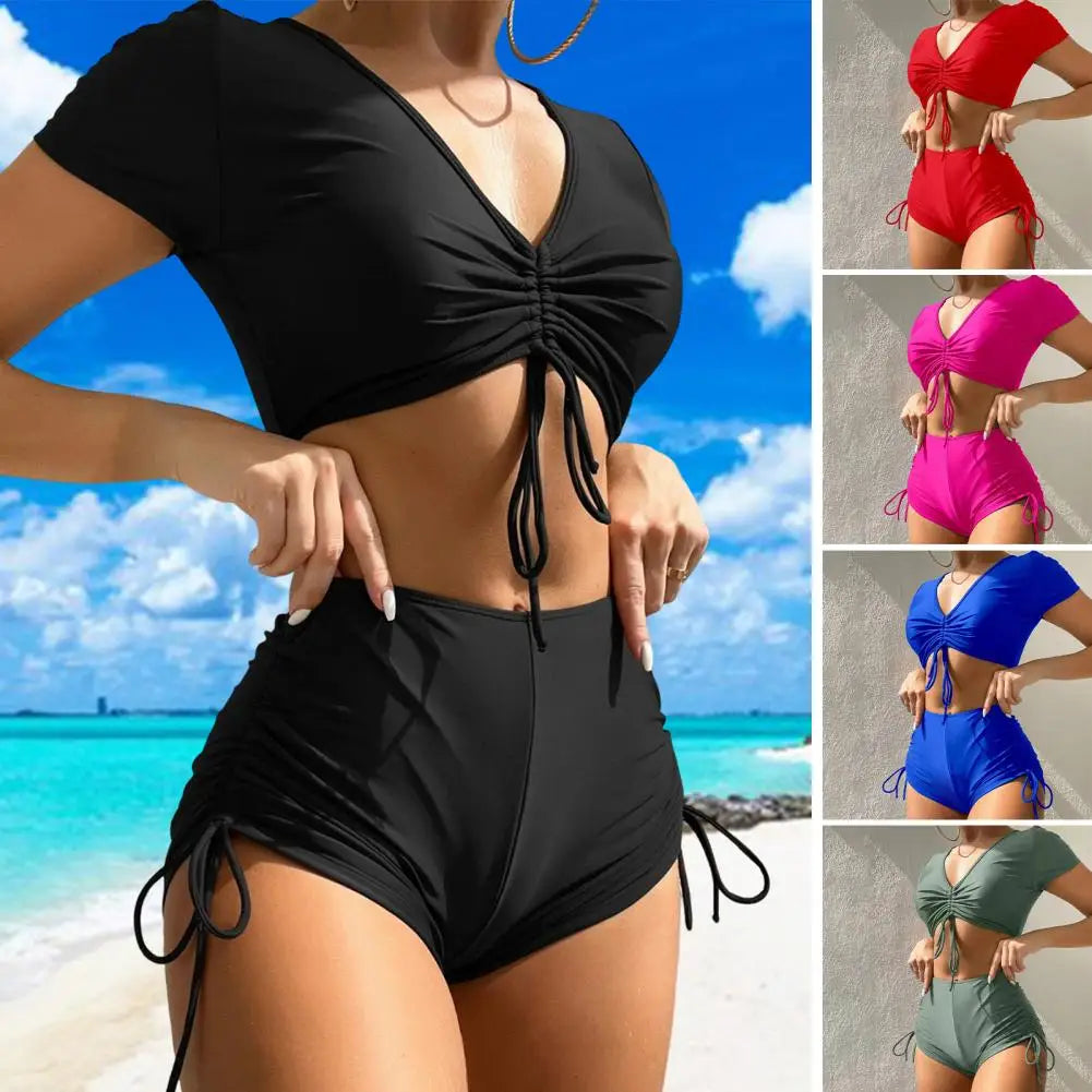 2Pcs/Set Swimsuit for Women Bikini Set V-Neck Short Sleeve Tops High Waist Drawstring Swimming Trunks Quick Drying Swimsuit