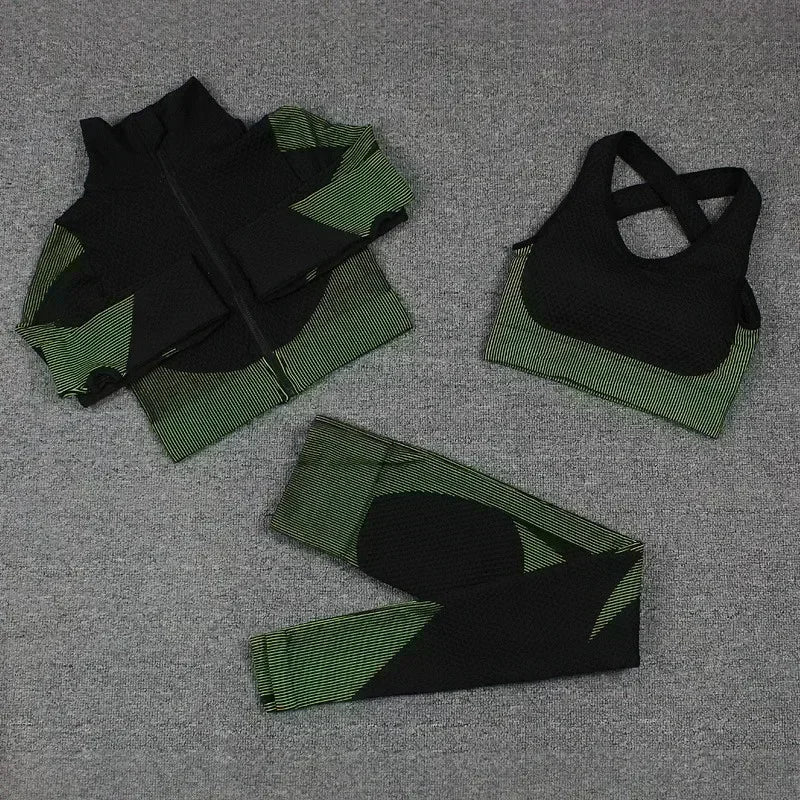 Conjunto de 3 piezas de yoga sin costuras, chaleco deportivo de fitness, pantalones de cintura alta que levantan la cadera, ropa de entrenamiento, conjunto de leggings de gimnasio para mujer