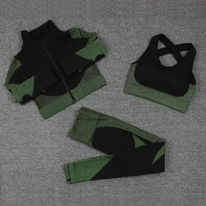 Conjunto de 3 piezas de yoga sin costuras, chaleco deportivo de fitness, pantalones de cintura alta que levantan la cadera, ropa de entrenamiento, conjunto de leggings de gimnasio para mujer