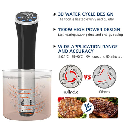 Cocina al vacío Wancle de 1100 W con pantalla LCD táctil, circulador de inmersión, cocción precisa, resistente al agua IPX7 y con pantalla digital.