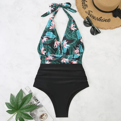 Traje de baño enterizo estampado de moda para mujer, bikini sexy, ropa de playa para damas, traje de baño con espalda descubierta y cordones.